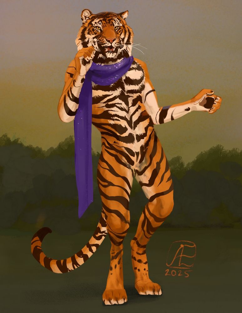 An anthro tiger wearing a purple scarf stands awkwardly leaning back with his hands upraised and curled as though holding something. Th background is loosely painted greenery. 