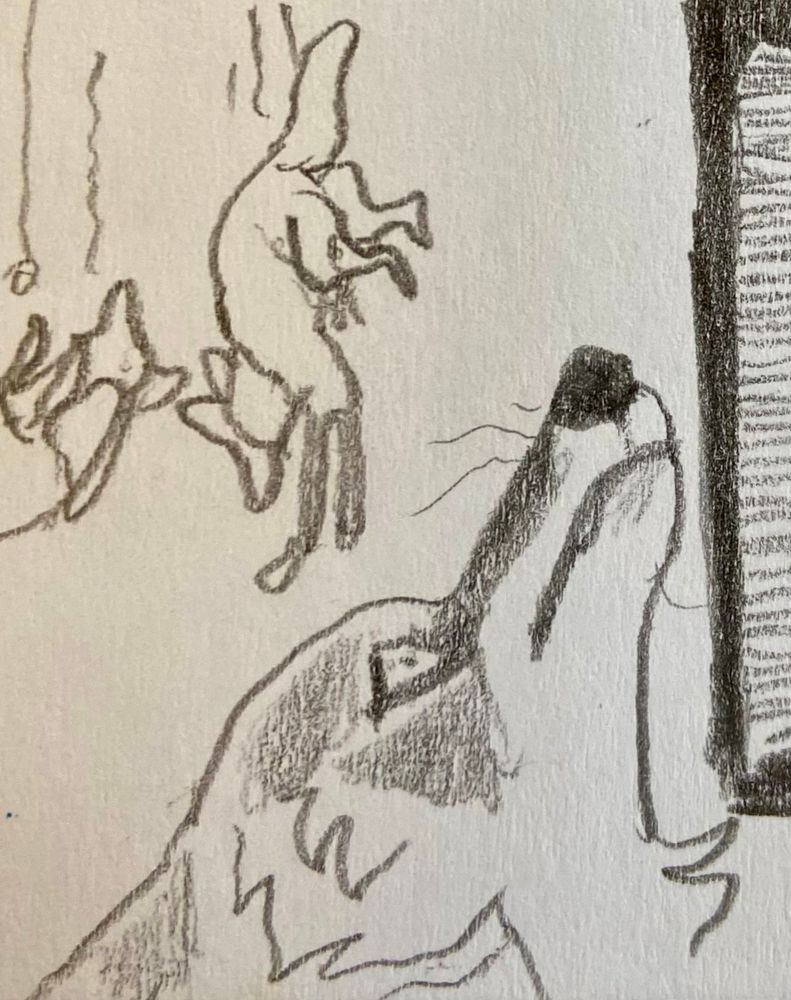 An anxious coyote looking up and anxiously anxious. Loose drawings of canid forms cavort in the background. They are also anxious.