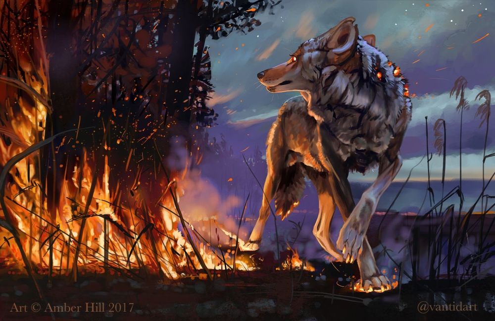 A forest and grass aflame behind a glowing emberlit coyote looking back toward the destruction. Flames smolder beneath its paws. More fires haunt the horizon.