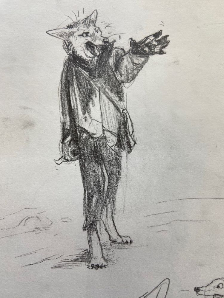 A loose pencil drawing of a coyote anthro wearing loose draping clothes and a satchel, one hand raise in a placating “calm down” gesture, the other hand holds a knife behind at his side. His expression is aggressively exacerbated—ears side ways, brows furrowed, mouth agape with excessive confidence.
