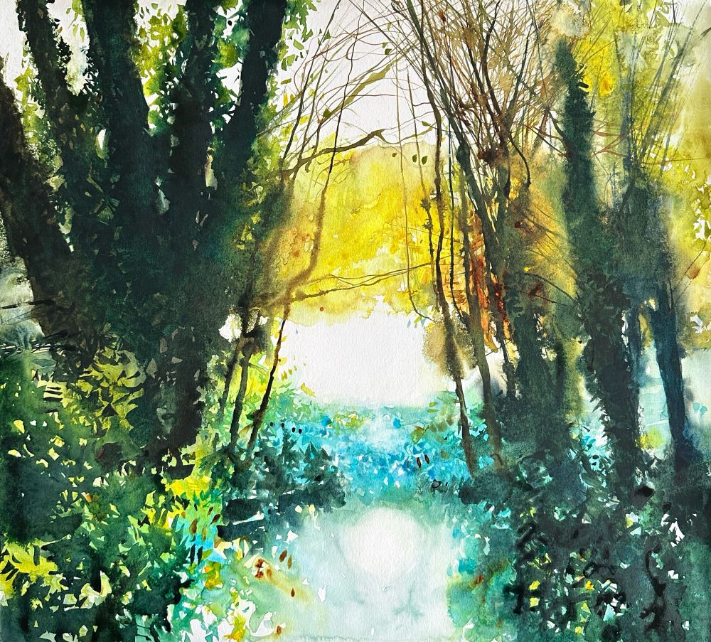 Watercolour painting of wetland trees, autumn foliage and very bright water in the late afternoon autumn sun. 