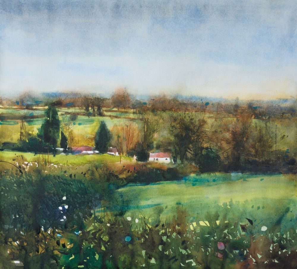 Watercolour painting of the view over my mother’s garden hedge. There are fields, white houses in the middle distance, a disused coal mine now overgrown with winter trees, all disappearing into a blue distance. 