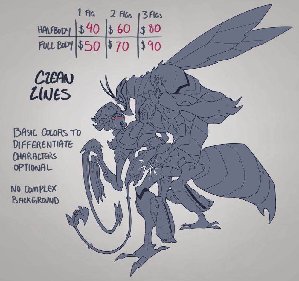 CLEAN LINE PRICES
Halfbody: $40 for one figure, $60 for two figures, $80 for three figures
Fullbody $50 for one figure, $70 for two figures, $90 for three figures
Basic colors to differentiate characters optional. No complex background