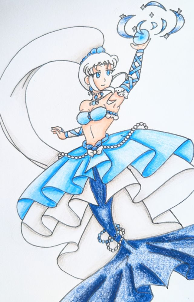 Keba, the blue and white, mermaid casting a spell. Her left arm is raised as her right is lower.