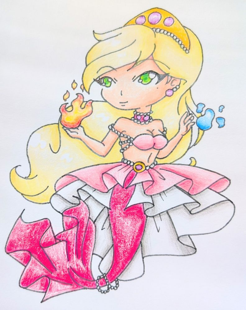 A mermaid royal with a pink colour scheme. She is using water and fire magic.