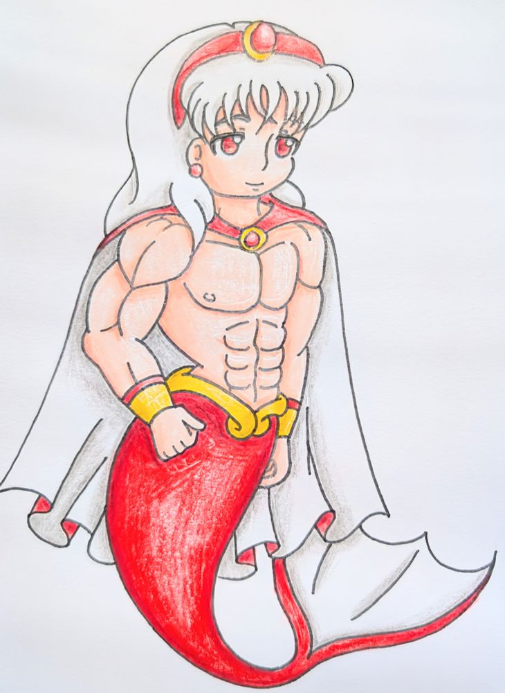 The merman prince of Kaiyou, Zen Dachi. A red tail and is currently in a chibi style.
