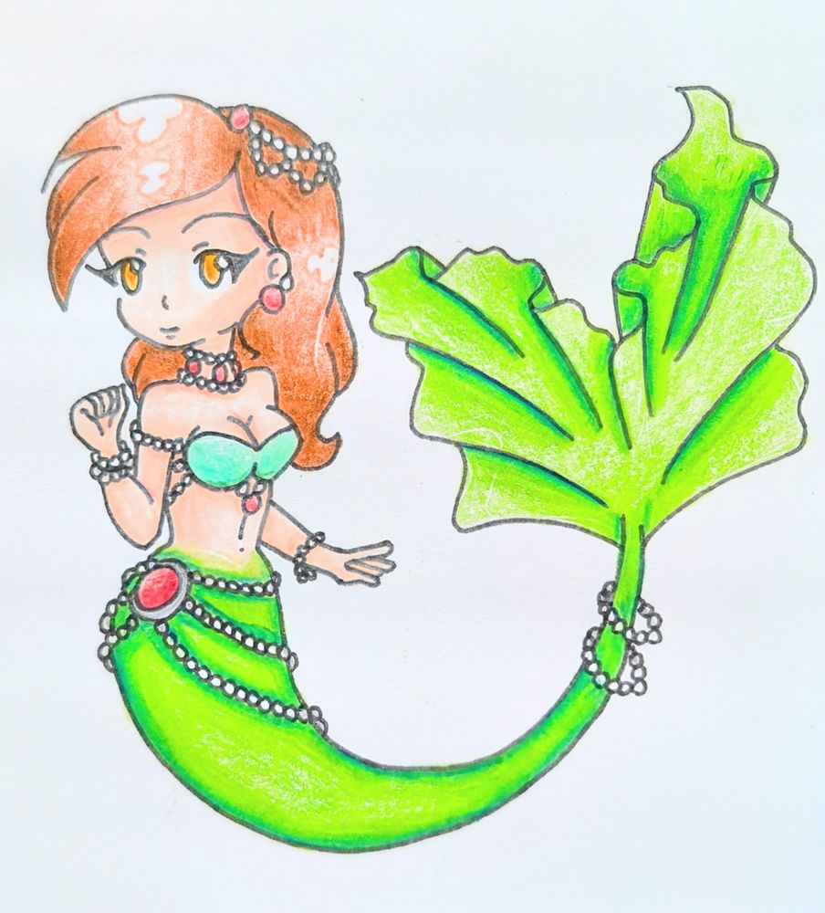 A green tailed mermaid with lots of pearls.