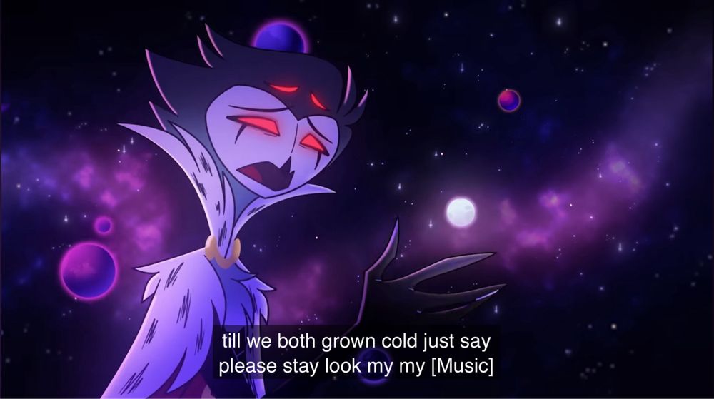 screenshot from helluva boss AMV "look my way", stolas is singing "till we both grown cold just say, please stay, look my way"