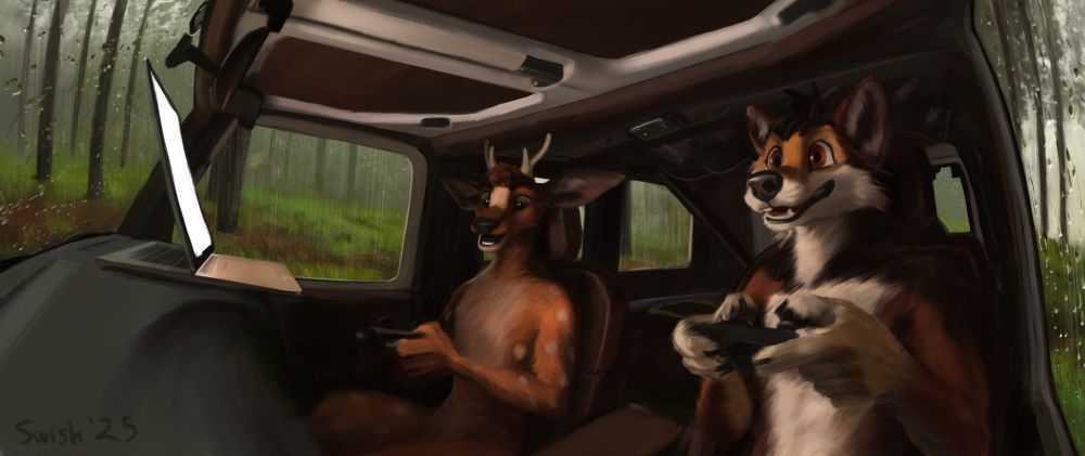 Deer and wolf playing video games in a jeep while it rains outside in a forest