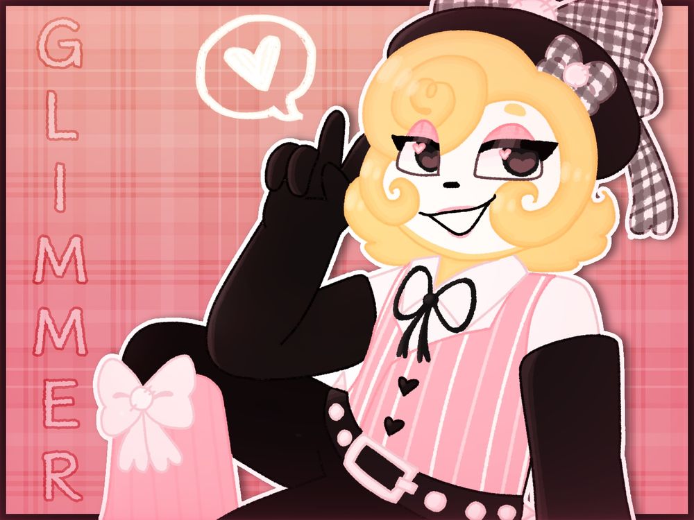 A drawing of a Glisten (Dandys World) inspired Roblox avatar. Sitting down doing a peace sign staring at the camera. The text in the image says Glimmer