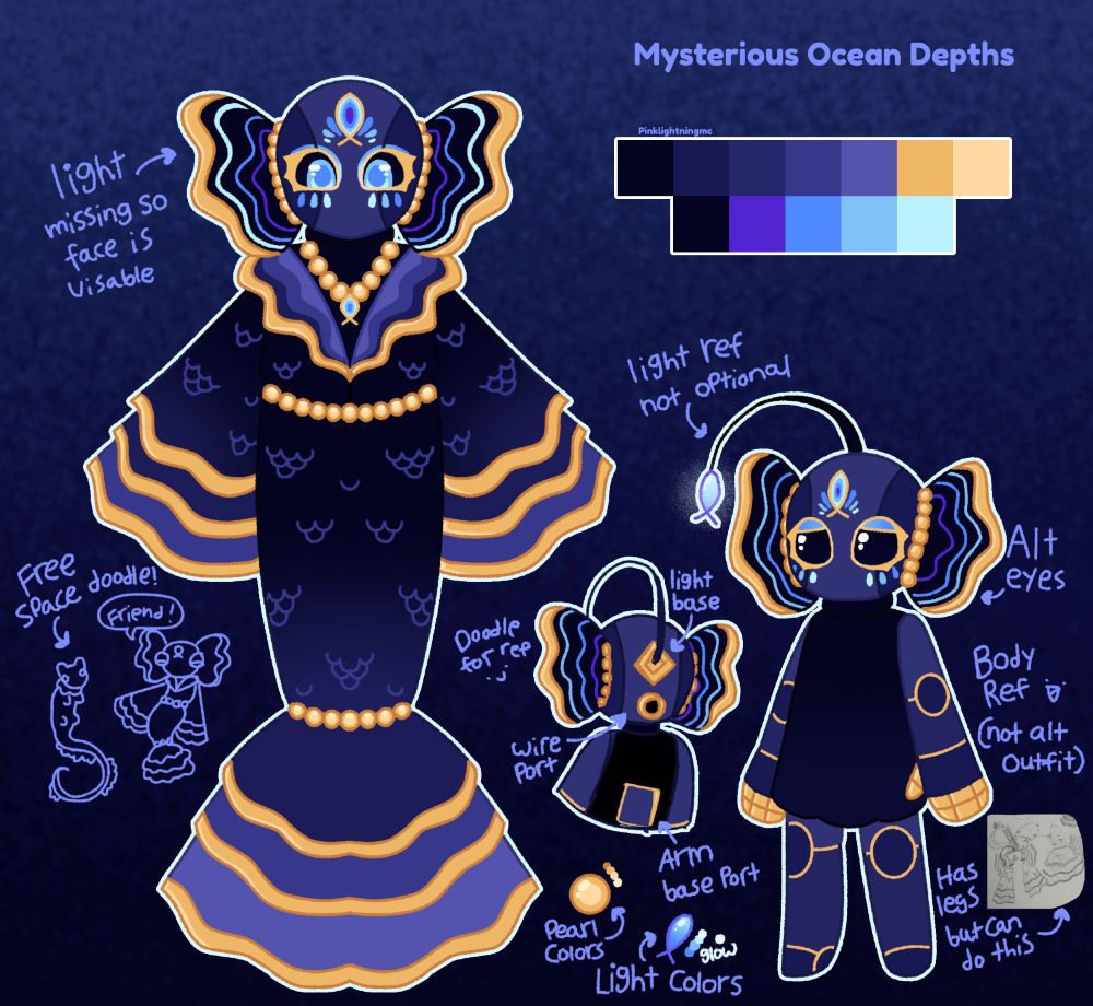 A reference sheet of the artist's fan character Mysterious Ocean Depths who is an iterator from the game Rainworld