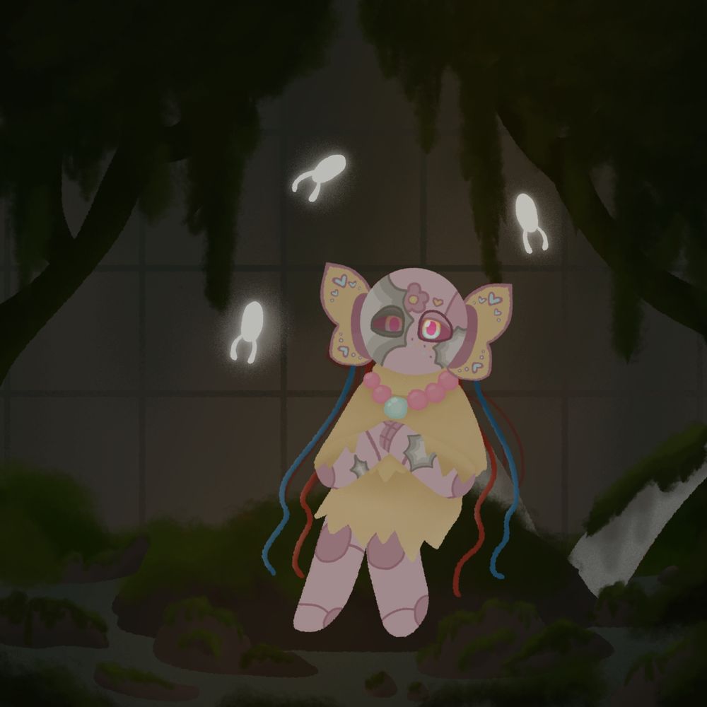 The artists iterator OC for Rainworld. Blooming Meadows stares at the viewer in her collapsed overgrown chamber.

Finished October 21 2025