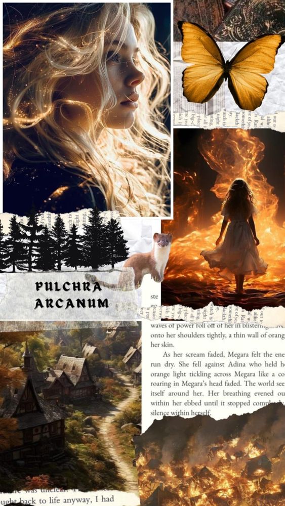 Mood board collage. Background showing scraps from book pages. Top right has an orange butterfly sticker. Top left is picture of a blond woman with magic light floating around her head. Center right a young woman with her back to the viewer walking toward a bonfire. Piece of tape on center left with the title PULCHRA ARCANUM holding black tree silhouettes and a stoat to the page. Bottom left is a picture of a village from Birds Eye view. 