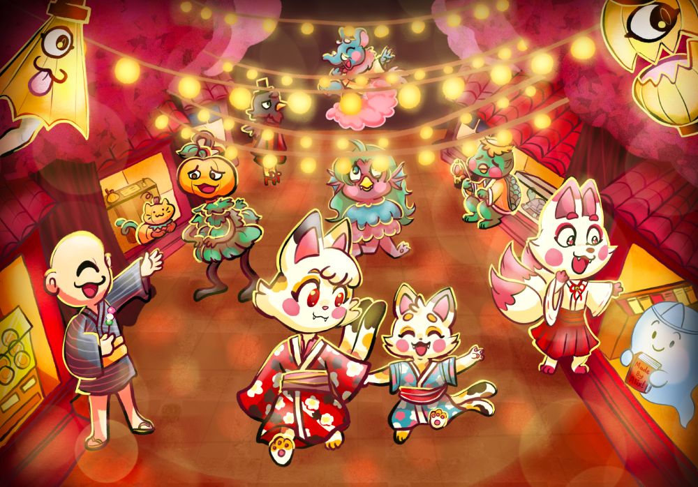 A festival scene on a Japanese-style street with hanging lights and many Yokai. A Kasa-Obake and Chochin Obake hang out near the top left and right, with assorted creatures from top to bottom: A Tengu looking at a Baku, Sunamura no Onryo looking at Pumpkitty, Amabie walking along, Kappa holding a lantern, Hitotsune-Kozo calling others into his shop, a Nekomata mother walking with her child, and Ina the O-Inari talking to a ghost bookseller.