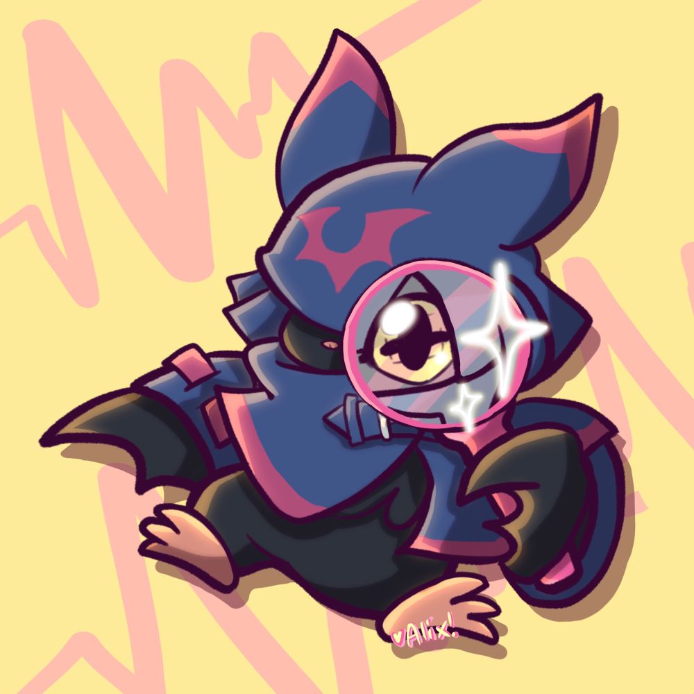 Chiropmon from Digimon Beatbreak holding up a pink magnifying glass to his eye