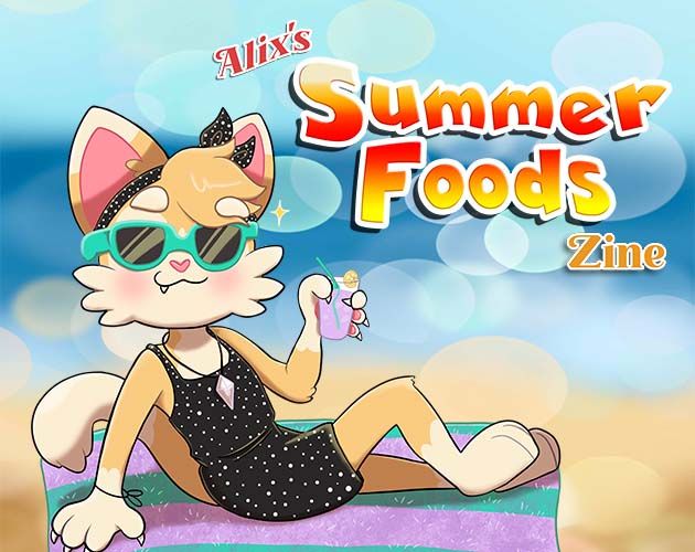 The cover for Alix's Summer Foods Zine's itch page, featuring Alix's VTubey resting on a lavender and teal beach towel. Alix is smiling at the viewer in a breezy romper, wearing teal sunglasses that match the towel, and holding a glass of lavender lemonade.