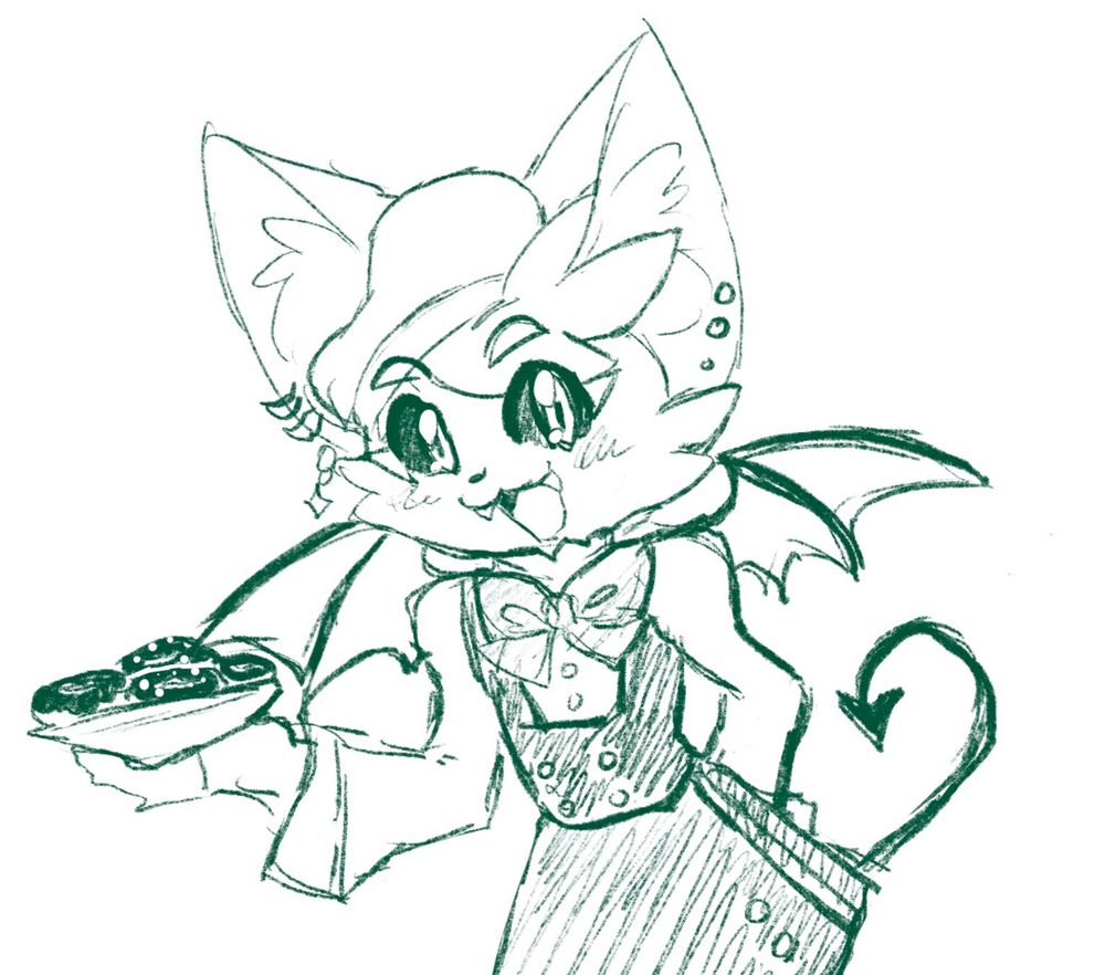 A sketch of Choux holding a plate of frosted donuts. He’s smiling at the viewer with one hand behind his back.
