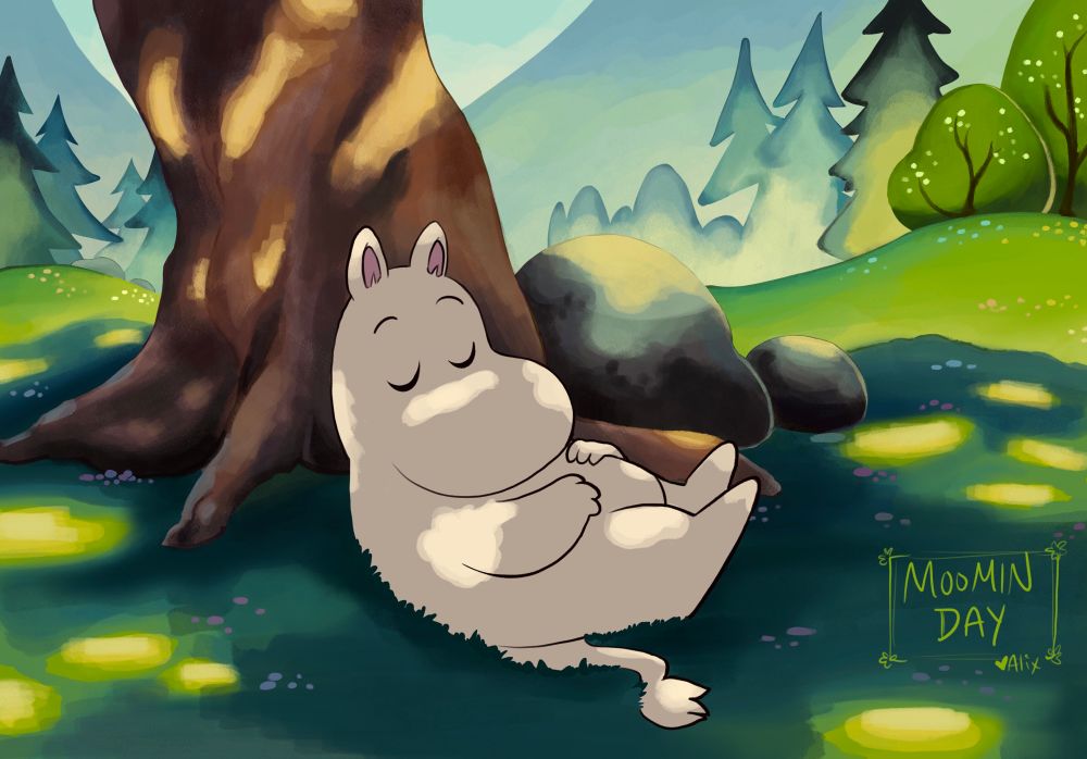 Moomintroll sleeps peacefully under a shaded tree in the afternoon sun. The painting style is reminiscent of the 90’s Moomin anime. It says “Moomin Day, love Alix” in green text in the bottom right