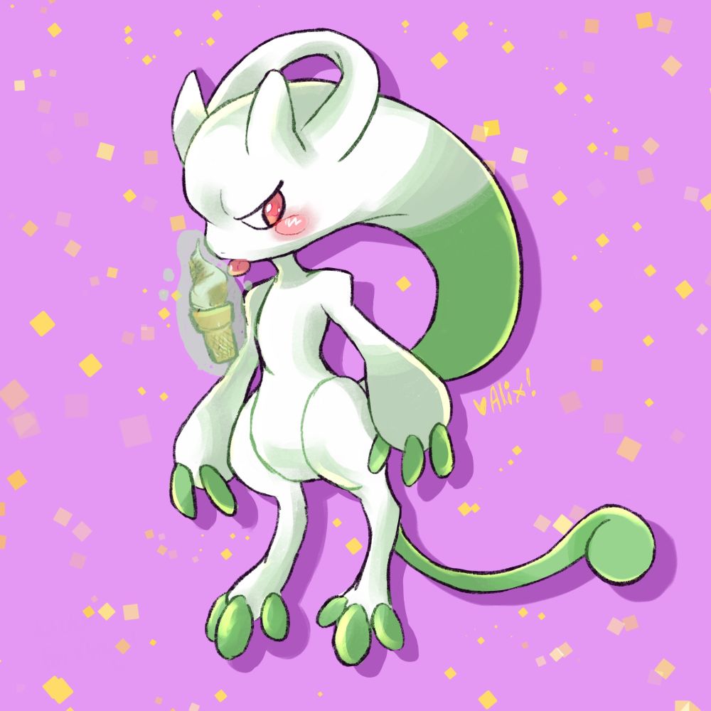 A shiny mega mewtwo y is blushing while making a chocolate and vanilla soft serve ice cream cone float up to their mouth so they can eat it. The background is a solid purple with many golden sparkles