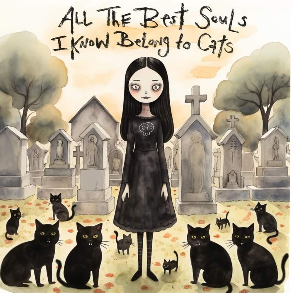 A drawing of a young Goth woman wearing a black dress with a skull decoration, in a graveyard, surrounded by black cats, with a caption "all the best souls I know belong to cats".
