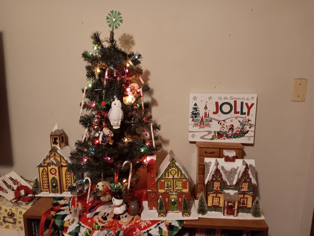 Christmas village and a Christmas tree with various ornaments 