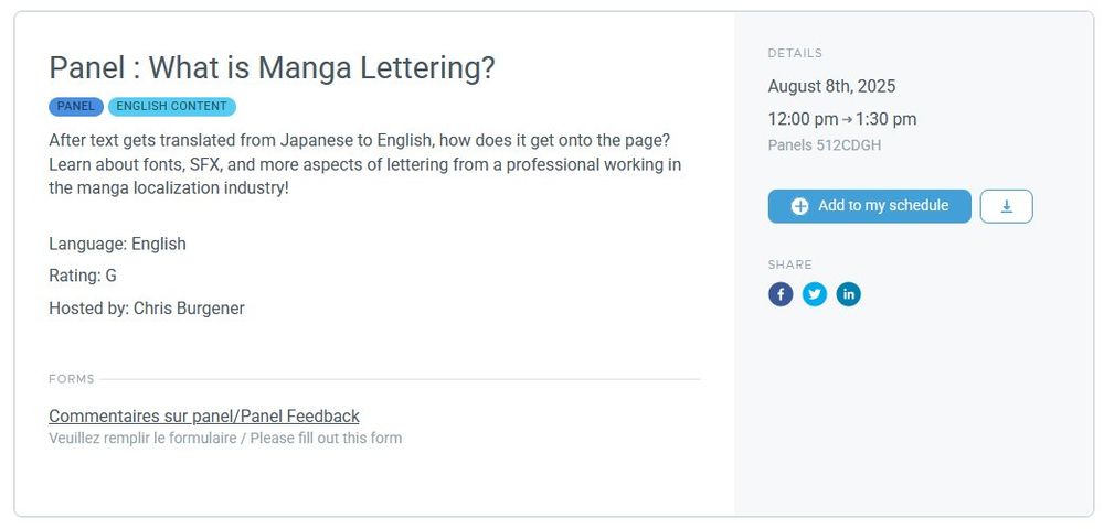 What is Manga Lettering?

After text gets translated from Japanese to English, how does it get onto the page? Learn about fonts, SFX, and more aspects of lettering from a professional working in the manga localization industry!

Details
August 8th, 2025
12:00 pm1:30 pm
Panels 512CDGH