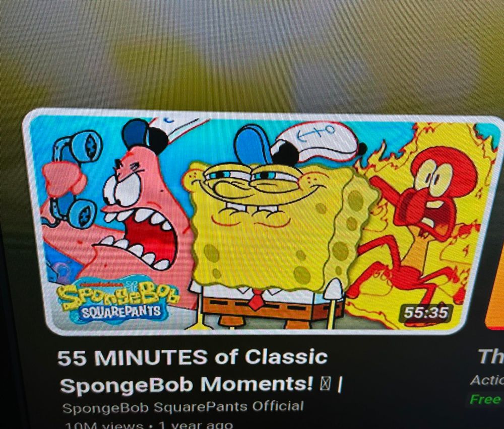 A YouTube Thumbnail and title from the channel *Spongebob SquarePants Official* featuring Patrick, SpongeBob, and Squidward that reads “55 MINUTES of Classic SpongeBob Moments!”