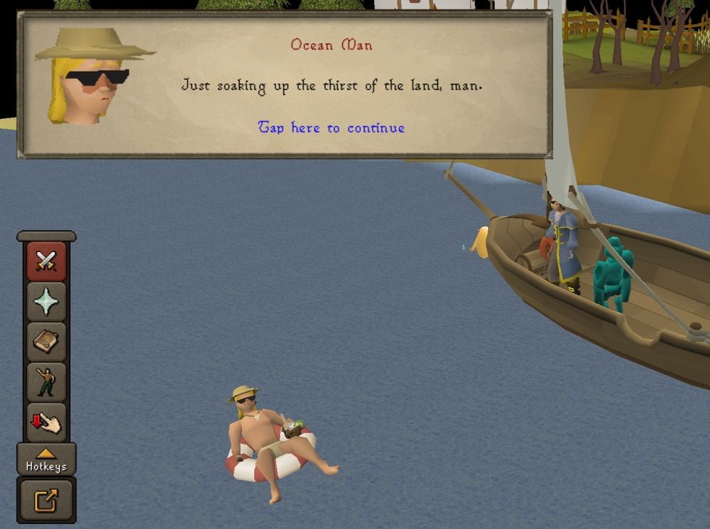 A screenshot in OldSchool Runescape. A man in sunglasses and a hat is floating in an inner tube on the ocean. The player is on a boat next to him. In the chatbox, Ocean Man says "Just soaking up the thirst of the land, man."
