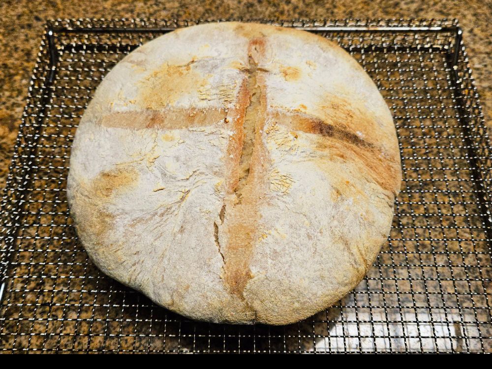 A loaf of sourdough bread on a cooling rack.