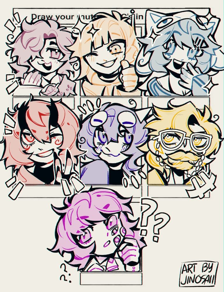 7 ocs in a box template in my artstyle, these ocs belong to my facebook mutuals. each have their own respective single colors.