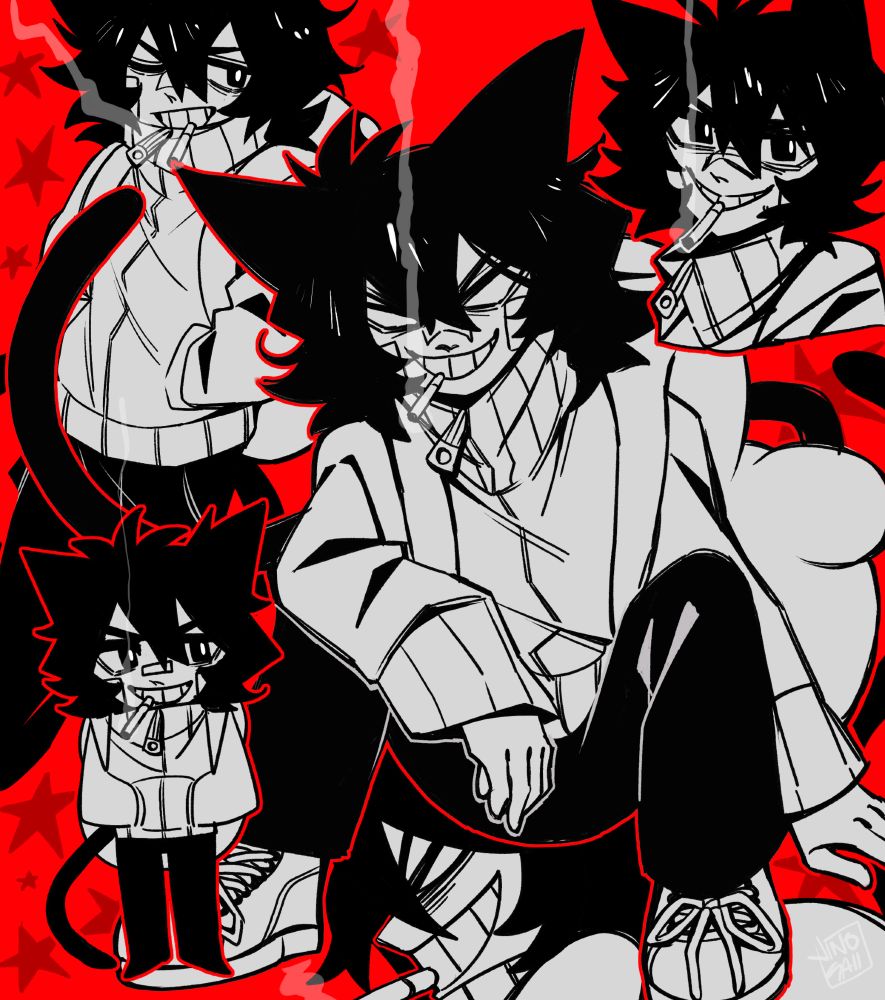  art doodle for a friend, black and white with red background and start shapes around the area, one full body and 4 diff headshot angles. name on the lower right corner. do not use or repost.