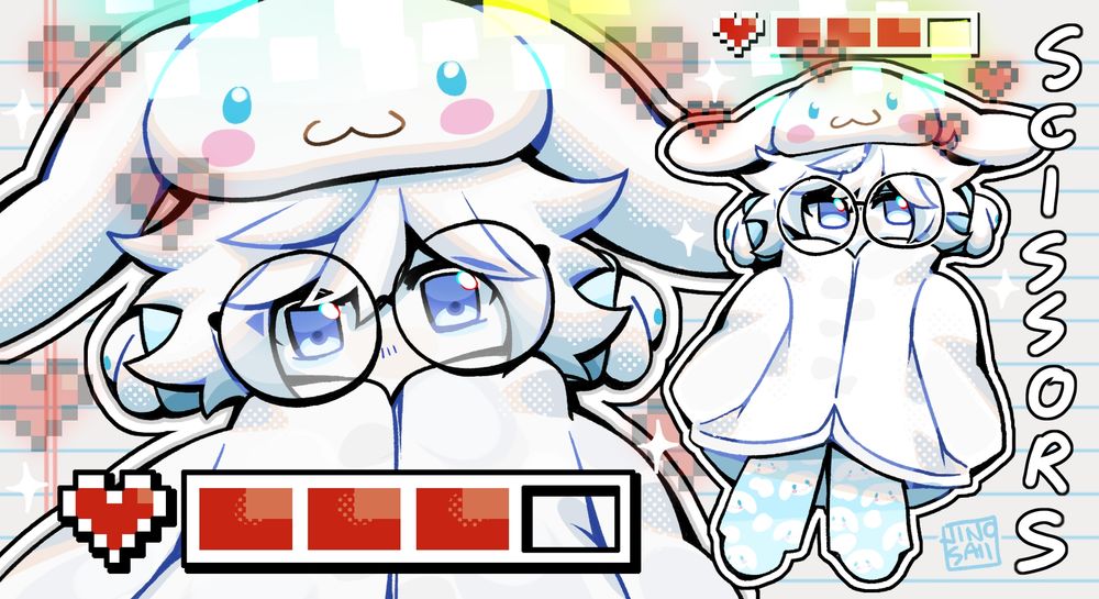 art commission for mr. scissors, full chibi and a full head bust on the middle with a heart health bar 8 bit on the bottom of the canvas and his name on the right side of the art piece/