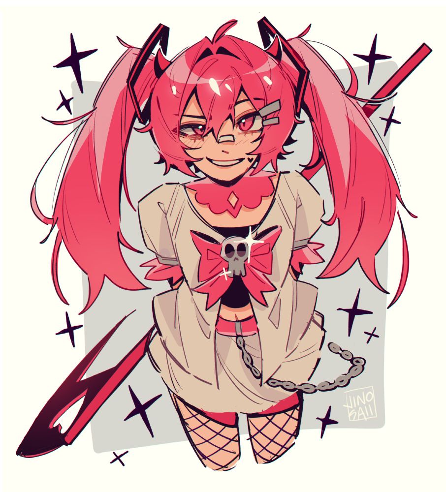 hatsune miku in the style of my oc june's angel of death form. light red hair, eyes ribbon and a scythe. white clothing a light red belt and a chain while wearing fishnets on her legs. black sparkles form around her and a grey box background. her face is all smug.