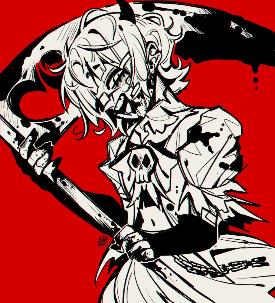 Side 3/4 body shot of June in her Death Angel form. Her clothes are ripped to shreds and a good amount of blood are on her scythe and some in her hands. June is smiling in a sinister sense while laughing, the chain in her clothes is torn, her hair clip is falling off, her horns are longer and her hair is really messy with small scars on her face. The entire art piece is in black and white, the background is colored in semi-dark red while the entire artwork has a chromatic aberration effect.