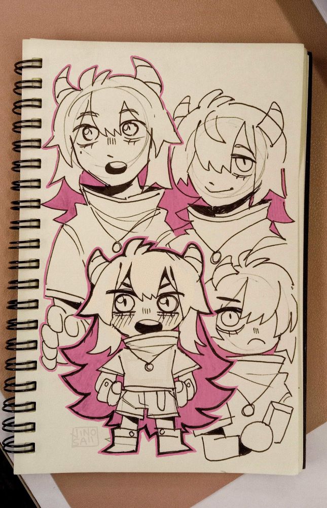 a picture of my sketchbook with my oc mai trishein doodled on the page, the picture is also edited digitally enhancing the pink colors on the picture making the picture a media mix, with my digital signature on the lower right corner. do not use. 