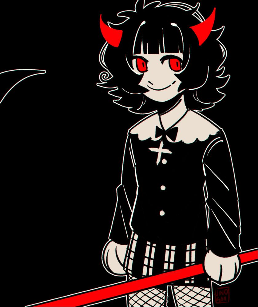 june has red horns, eyes and holding a red scythe, smiling directly on the viewer while standing still, the character placement is in rule of thirds with the canvas resolution in portrait, the entire artwork is only in black and white with a black background only.