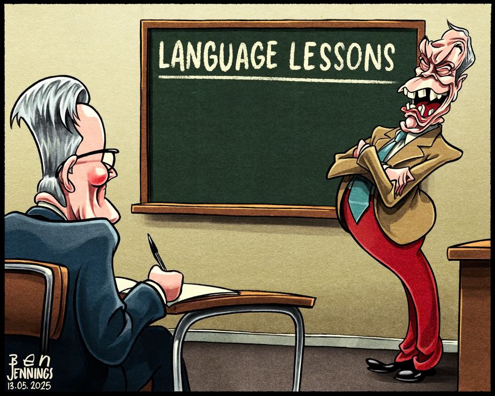 Cartoon- Keir Starmer sitting at a desk and taking “language lessons“ from Nigel Farage. 