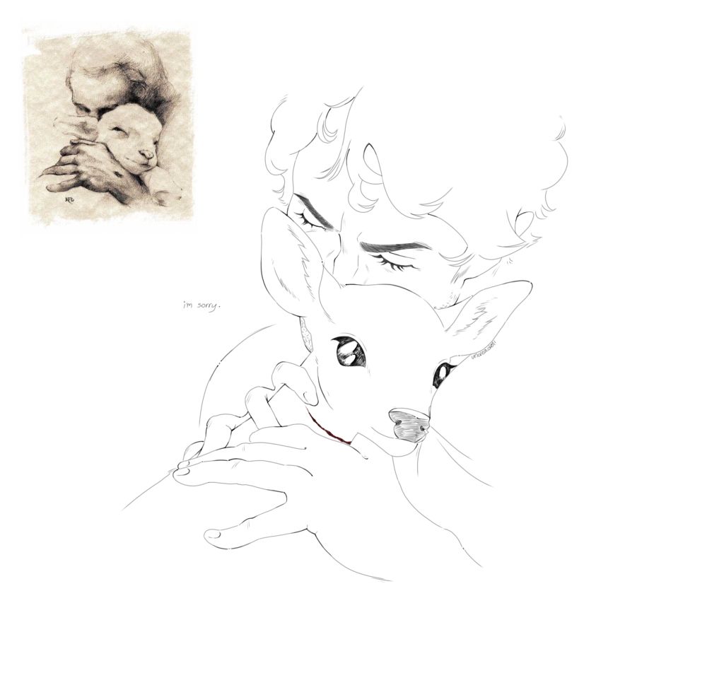 a drawing of will graham hugging a small fawn. the fawn has abigail’s scar across its neck.
