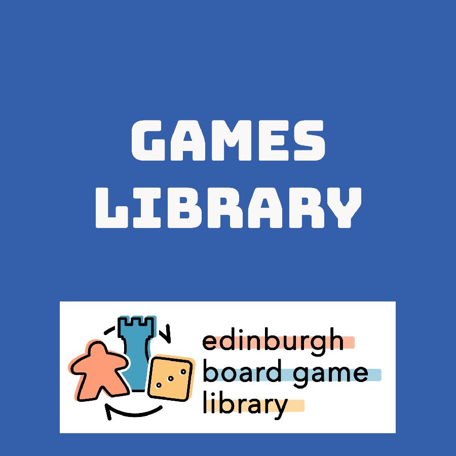 Image has the caption Games Library with the logo of Edinburgh Board Games Library on it.