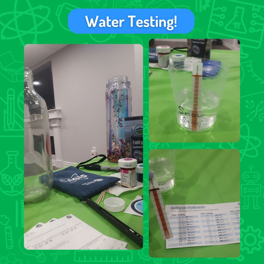 Image text: Water testing!
Images of a home water testing kit, a chloride test strip, and the chloride test results.