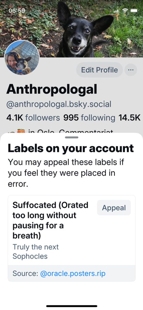 Screenshot of my Bluesky account with labeled saying: Anthropologal Labels on your account You may appeal these labels if you feel they were placed in error. Suffocated (Orated too long without pausing for a breath) Truly the next Sophocles Appeal Source: @oracle.posters.rip