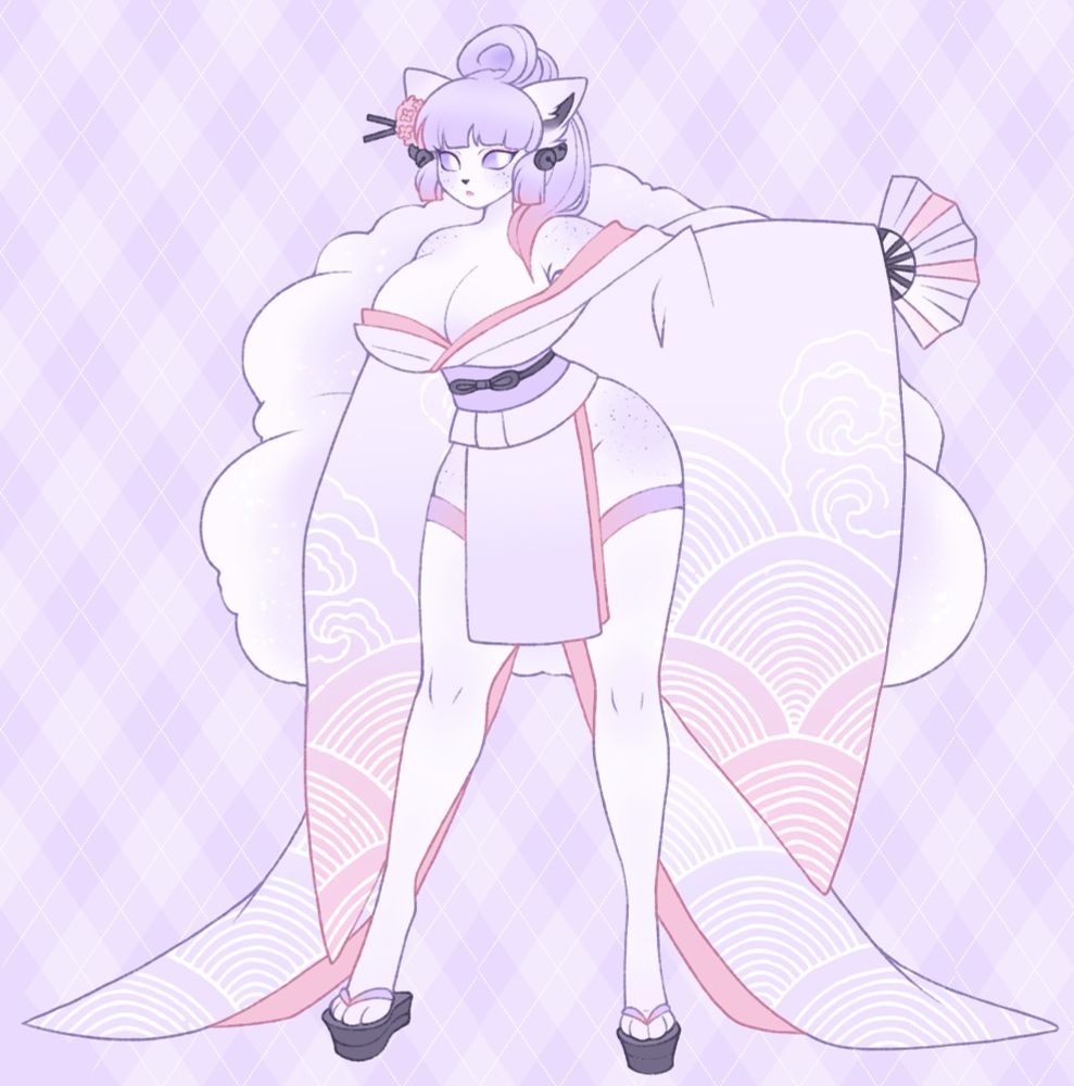 A fox girl based on the Alolan Vulpix Pokemon. she's wearing a purple and pink kimono with a wave pattern on it.