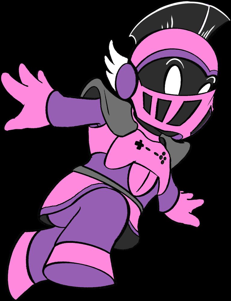 A cartoon knight in pink and purple armor leaping up with a determined and joyful look in the eye. His form is pitch-black and silhouetted beneath his helmet and armor, as his eyes shine out a bold, contrasting white. His armor chest plate is a pink game controller.