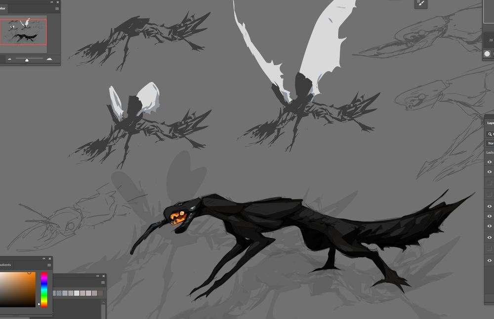 design sketches of a black beast that resembles an insect. it is matte black with orange on its mouth.
there are a few silhouette drawings on the top side that showcase how the wing retract under the shell.