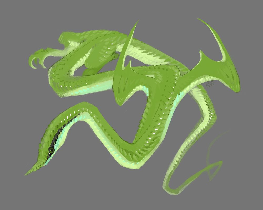 illustration of a green snake like beast. it has a horn on its nose, 2 small wings, and a pair of back legs. it's body is covered in scales and a dark line crosses its face and eyes.