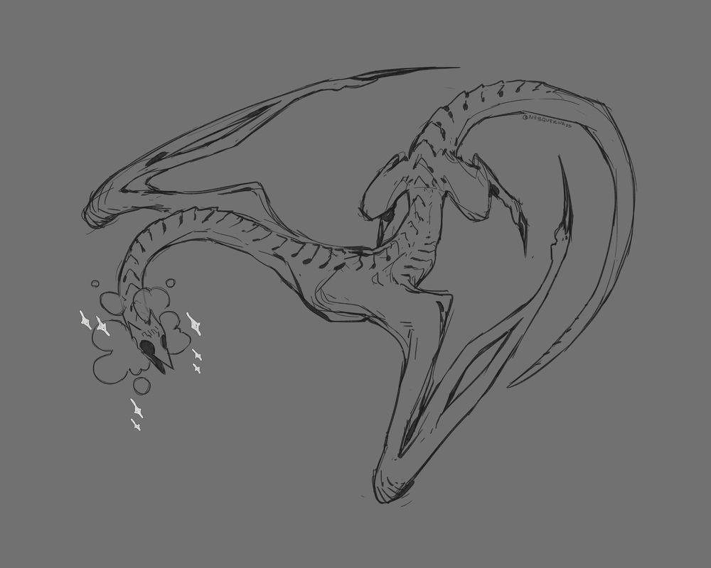 sketch of a grey background of a bird like creature with a head resembling a fountain pen nib