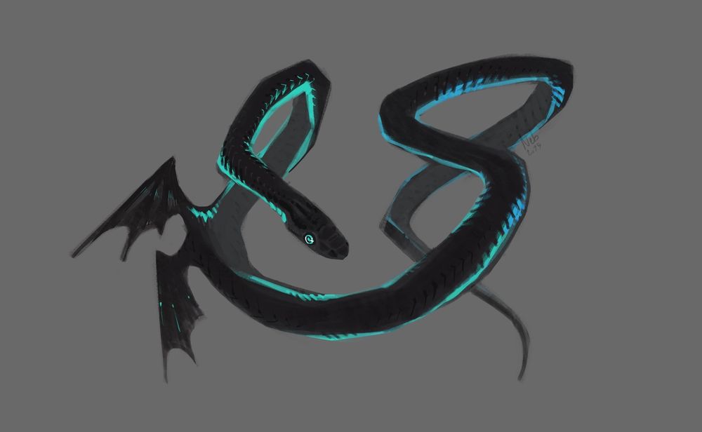 digital illustration of a black snake with teal lines running through either side of its body. it has 2 small black wings.