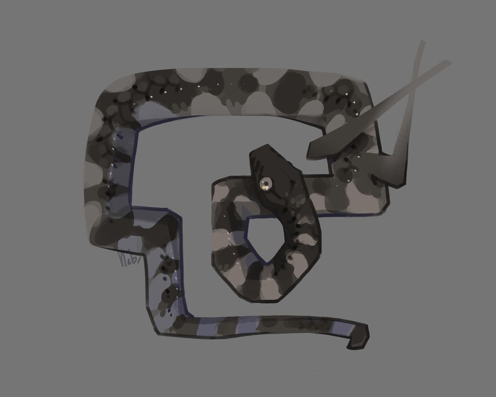 illustration of a snake with two snall wings. the snake is curled on itself loosely and its eye looking up. it is a brown snake with darker spots that almost resembles stripes.