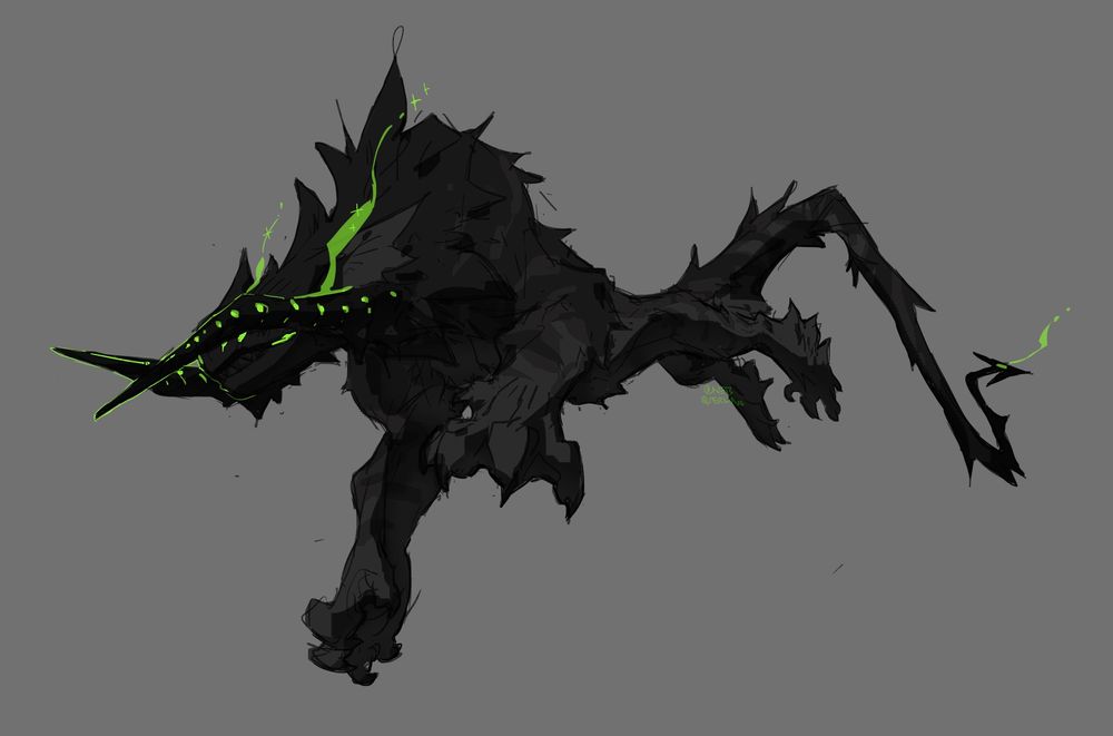 illustration of a black beast leaping. it has two horns facing foreward occloding its eyes. green magic is floating out of the horns and the tip of the tail.