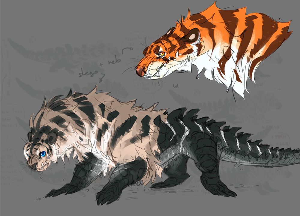 concept designs of a crocodile with the head of a tiger. there are 2 sketches, the top one is a simple tiger head with some crocodile features and the bottom one; a full body with a light brown tiger color scheme.